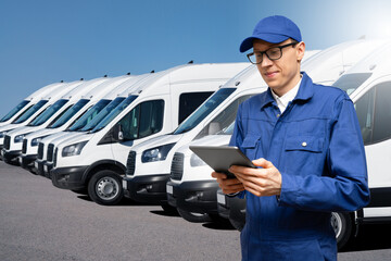Poster - Manager with a digital tablet on the background of vans. Fleet management	