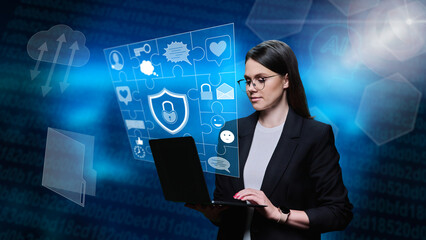 Young business modern woman using laptop for work, leisure