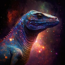 Upper Body Of A Purple, Red And Blue Salamander In Space Background.