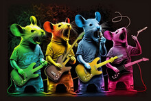 Group Of Three Mice Playing Guitar And Singing. Generative AI.
