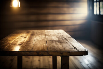 Poster - An empty wooden table in dimly lit room. Generative AI.