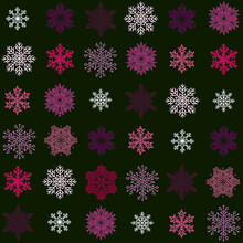 Pink And Purple Snowflakes On Dark Green Ground Seamless Pattern Winter Background