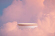 Wood podium outdoor on blue sky gold pastel clouds with empty space.Beauty cosmetic product placement pedestal present promotion minimal display,summer paradise dreamy concept.