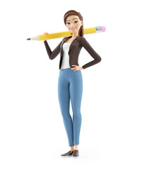 Wall Mural - 3d happy cartoon woman holding pencil