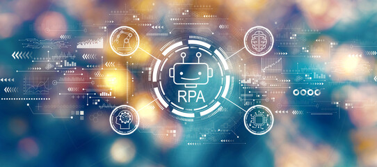 Robotic Process Automation RPA theme with blurred city lights at night
