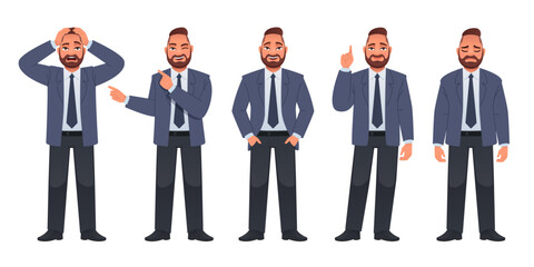 Wall Mural - Man in full growth character set. A businessman stands in despair, in sadness, sadness, joy, thinks about something, points to something. A bearded man in a jacket, trousers, shirt and tie