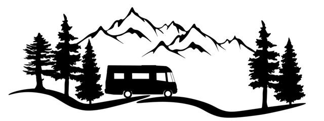 Camping in the forest landscape panorama ilustration icon vector for logo - Silhouette of fir trees, mountains and camper, isolated on white background