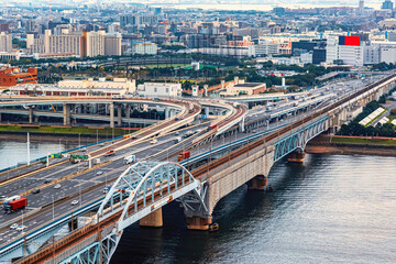 Wall Mural - Aerial view of an expressway bridge in Odaiba, Tokyo, Japan