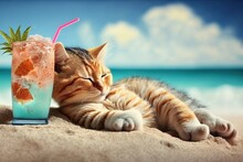 Cat Sunbathing On Tropical Beach With Drink Glass Drinking Cocktail Illustration Generative Ai