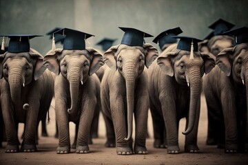 Wall Mural - Elephants standing in a line, wearing graduation caps and gowns, with a proud look on their faces illustration generative ai