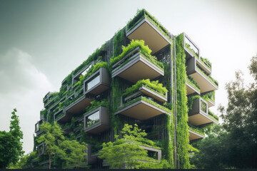 Wall Mural - Eco friendly green building with vertical garden in modern city for sustainable clean environment. Peculiar AI generative image.