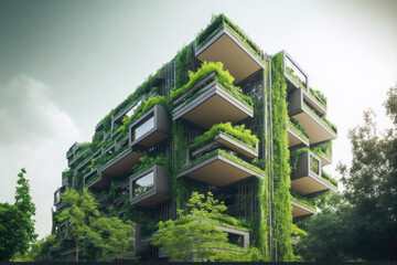 eco friendly green building with vertical garden in modern city for sustainable clean environment. p