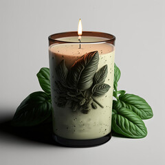 Wall Mural - green basil candle and leaves. Generative AI image.