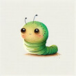 Cute caterpillar character, cartoon watercolor green worm, funny smiling garden insect, Adorable animal personage children book illustration. Kawaii baby pest, larva, lovely bug with big eyes