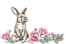 Vintage Composition With Easter Bunny And Spring Flowers. Border