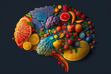 Colorful brain made up of fruits and vegetables. Generative AI
