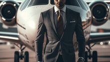 A Gentleman Is Business Suit Is Standing In Front Of The Private Jet. The Billionaire, Businessman Successful Concept Scene. Generative Ai Image.