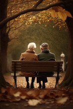 Old Couple Sitting On A Park Bench In Autumn, Seen From Behind, Created With Generative A.I. Technology