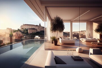 Impressive Penthouse Terrace With A Swimming Pool Overlooking Rome. Generative AI