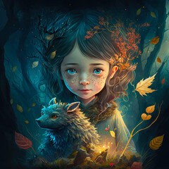 An illustration portrait of a fairy-tale girl with a fantasy animal in a magic forest. Created with Generative AI, no one recognisable. Not a real person.