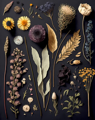 Poster - Set of dried flowers and herbs on a black background. Flat lay, top view.