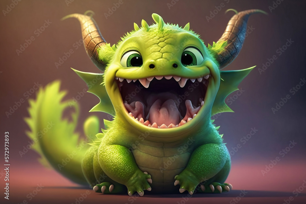 green baby dragon with open mouth and horns, cute and smiling ...