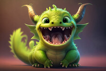 Green Baby Dragon With Open Mouth And Horns, Cute And Smiling, Generative Ai