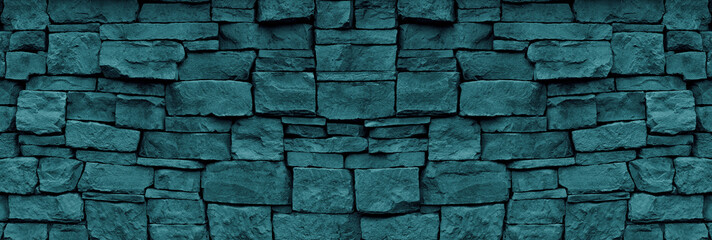 Wall Mural - Natural stone wall teal color wide texture. Dark turquoise rough rock masonry widescreen textured background