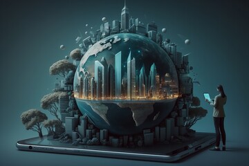 Planet Layout In Gray Blue Colors With Metropolis Buildings And Trees. Part Of Planet As Globe Map.