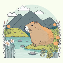 Cute Capybara Animal In Field With Flowers Near Water Created With Generative AI Technology