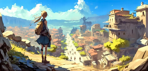 Wall Mural - Young woman traveling with a backpack. Girl looking from the top of the hill at the old town. Summer cityscape.