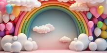 Generative Ai Illustration, Abstract 3d Rainbow With Clouds And Colorful Balloons