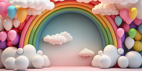 generative ai illustration, abstract 3d rainbow with clouds and colorful balloons