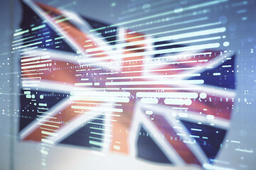 Double exposure of abstract digital world map hologram on flag of Great Britain and blue sky background, big data and blockchain concept