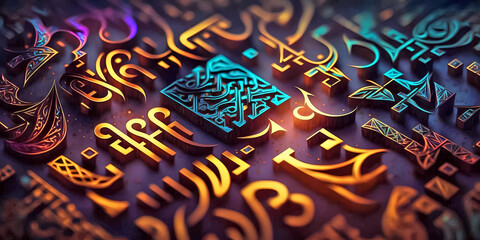 Canvas Print - Calligraphy pattern made of magic calligraphy runes. Horizontal glowing background.