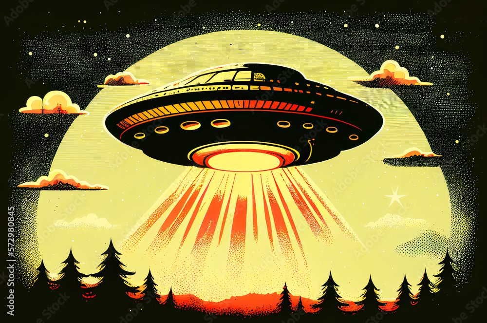 Extraterrestrial UFO Flying Saucer, dynamic view, colorful illustration ...