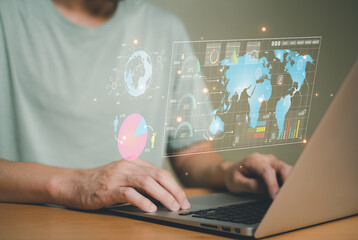Wall Mural - young entrepreneur using big data analysis and cloud technology to collect customer data and display