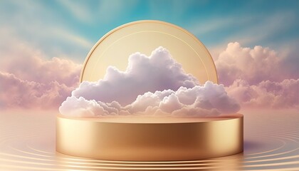 gold podium product display stage background platform promotion with clouds around it