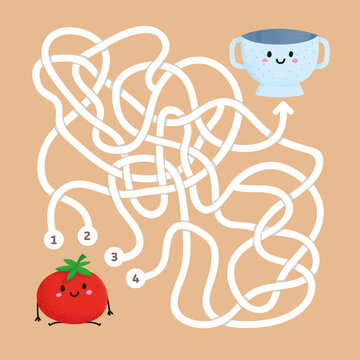 find the right path logic quest for kids. help cute tomato find the right path to bowl. happy labyri