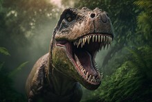 Angry Tyrannosaurus Rex Face In Jungle ,Landscape Forest In The Background,Generative AI
