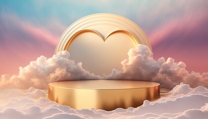 gold podium product showcase stage or stand background platform with clouds around it and love heart