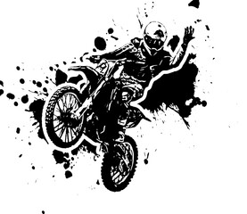 Motorbike stunt vector silhouette on splash grunge background, vector of black and white jumping racer riding the motocross, motorcycle stunt monogram
