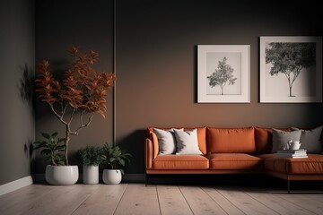 Wall Mural - Cozy interior. Minimalistic living room design with terracotta color accents. Corner sofa, solid wall, framed pictures and plants in pot. AI