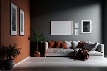 Wall Mural - Cozy interior. Minimalistic living room design with terracotta color accents. Corner sofa, solid wall, framed pictures and plants in pot. AI