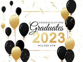 Sticker - Congratulations graduates design template with gold and black balloons and confetti. Class of 2023 minimalist vector illustration for graduation ceremony, banner, badge, greeting card, party.