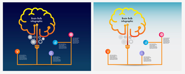 Wall Mural - 2 lightbulb, brain with gears. , dark and light blue background . template infographic web and mobil