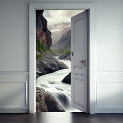 Open door on creative mountain background. Travel, opportunity and dream concept