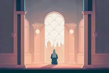 Muslim man praying in mosque. Ramadan kareem flat cartoon character illustration. Generative AI