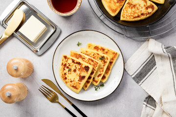 Potato tattie scones. Traditional Scottish dish for breakfast. top view