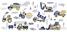 Cute Kids Excavator, Truck And Bulldozer. Doodle Style Drawing City Toys Like Tractor And Concrete Mixer, Boho Little Boy Cars, Colorful Baby Print. Vector Cartoon Isolated Design Elements